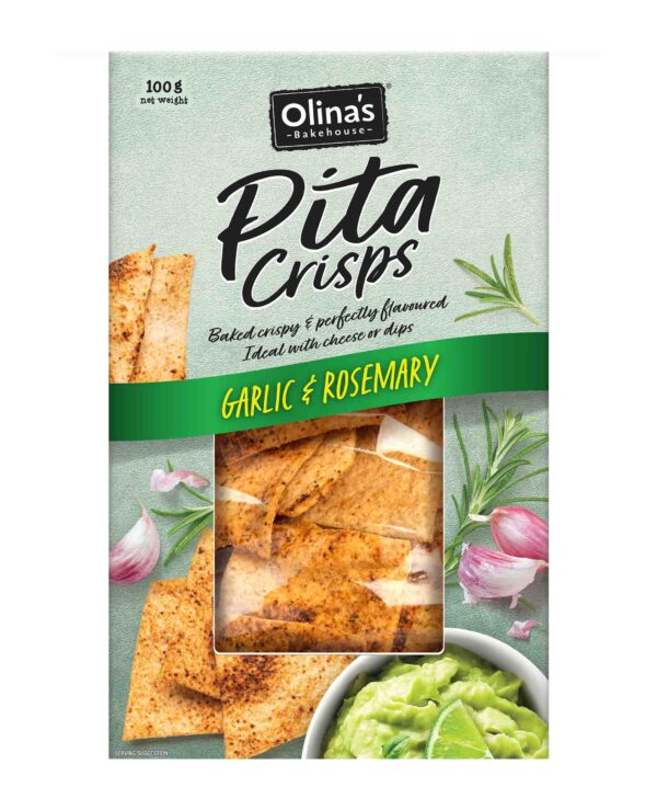 Olina's Bakehouse Pita Crisps Garlic & Rosemary 100g Front 2D