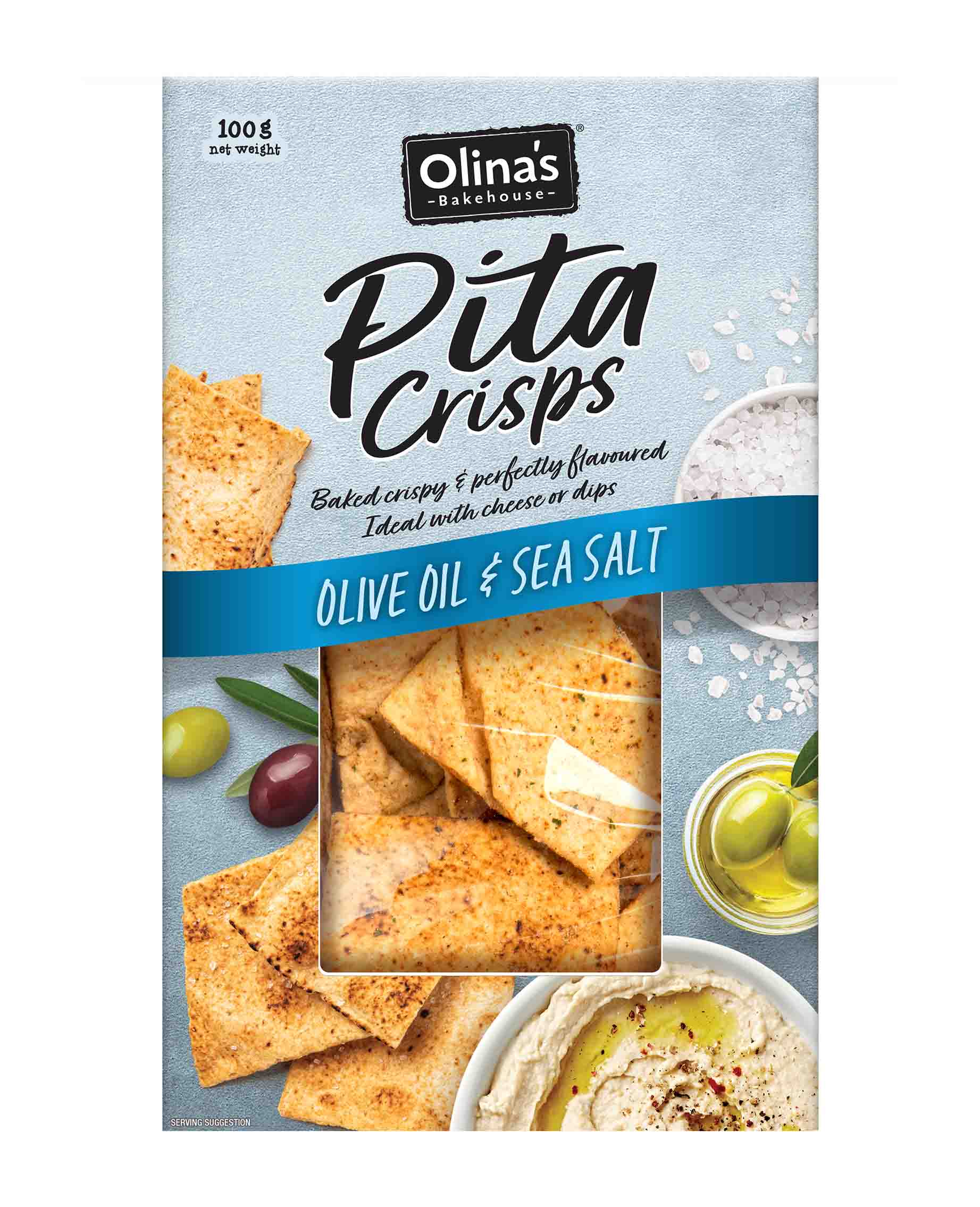 Olina's Bakehouse Pita Crisps Olive Oil & Sea salt 100g Front 2D